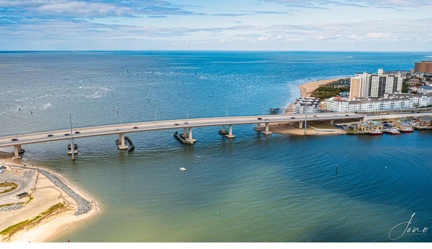 Aerial view of the Lesner Bridge connecting Shore Drive over the Lynnhaven Inlet